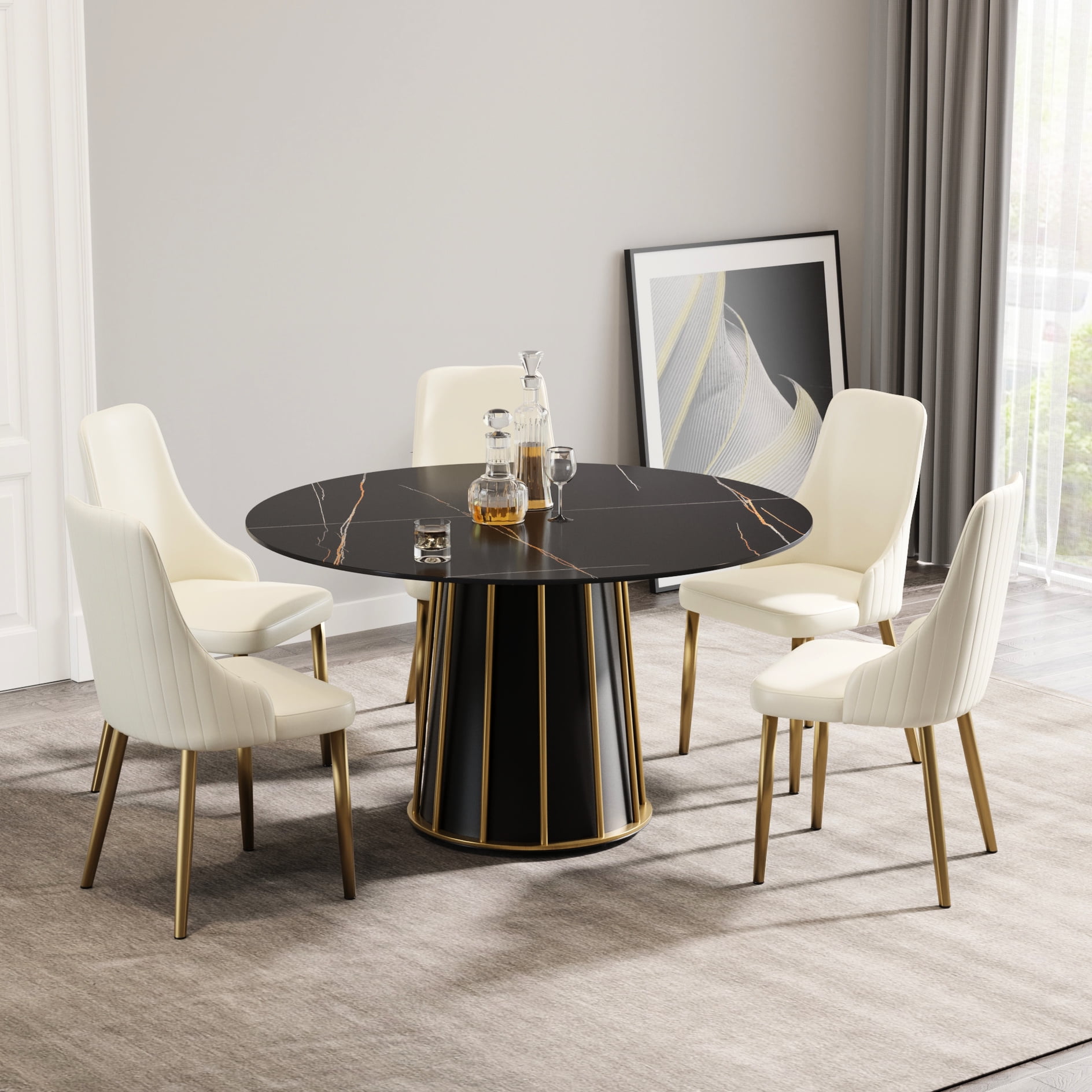 53.3" Round Dining Table With Black Metal Iron Base - Accommodates 6 ...