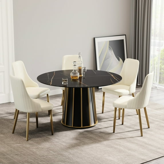 53.3" Round Dining Table With Black Metal Iron Base - Accommodates 6 People, Sintered Stone Top, , , High Temperature Tabletop, Base, 6, To Electrical Conductivity, Easy Clean