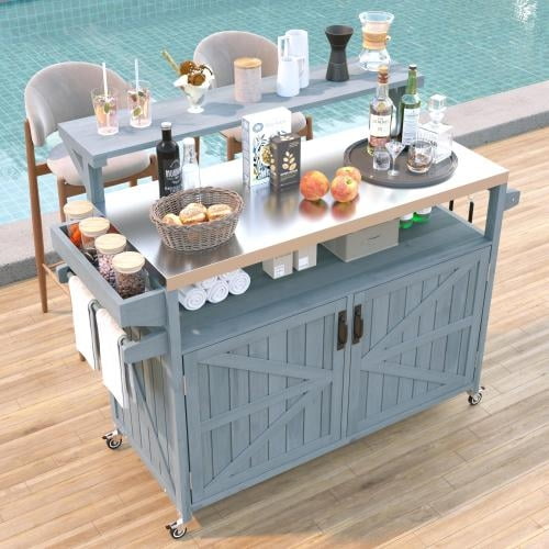 53.3" Solid Fir Wood Outdoor Kitchen Island with Raised Shelf and Stainless Steel Top, Outdoor Rolling Grill Table Cart with Internal Storage Rack and Adjustable Shelf for Garden or Outdoor, Grey Blue