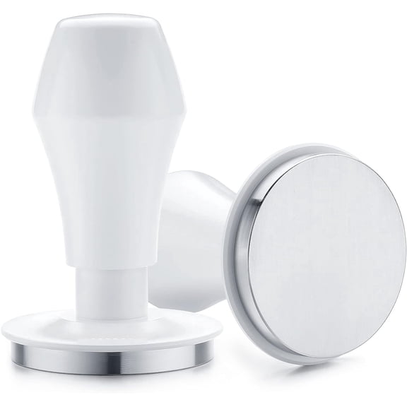 53.3mm Espresso Coffee Tamper V4 - Spring Loaded Tamper With Stainless Steel Flat Base - Non-stick coating White - 15lb / 25lb / 30lbs Replacement Springs - Anodized Aluminum Stand