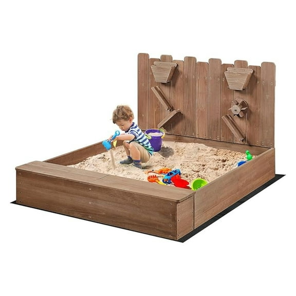 53 44.5in Wood Sand Box for Kids Ages 3-8, Sandboxes for Backyard Patio Garden Beach Outdoor Play Use, w/Fabric Liner Funnel Chutes Spinning Wheel & 2 Storage Compartments