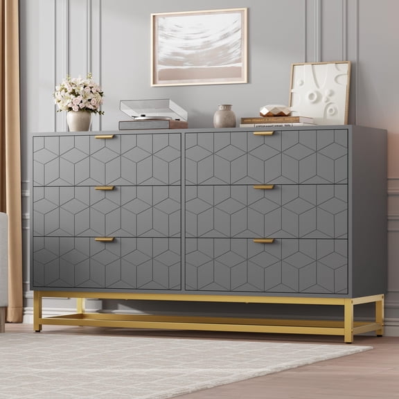 53.5 in 6-Drawer Dresser, Modern Geometric Storage Chest with Metal Base, Wide Bedroom Dresser for Clothes, Painted MDF, Gold Pulls, 53.5"W x 15.8"D x 31.5"H, Gray