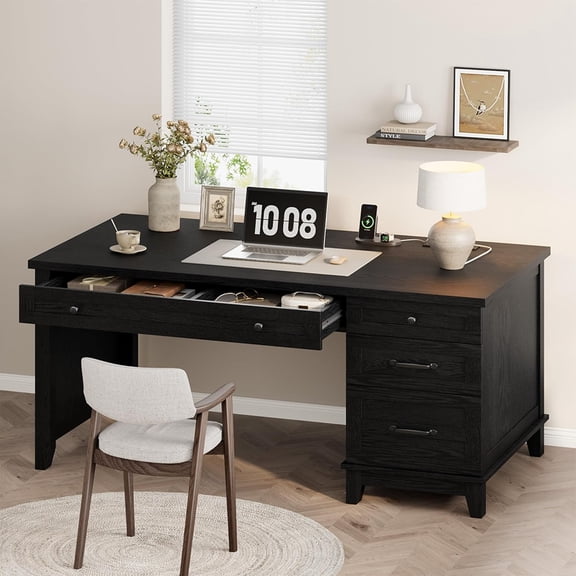 53.5" Farmhouse Home Office Desk with File Cabinet, Wooden Executive Desk with Power Outlet, Work Desk with Drawers, Traditional Wood Desk for Home and Office, Black