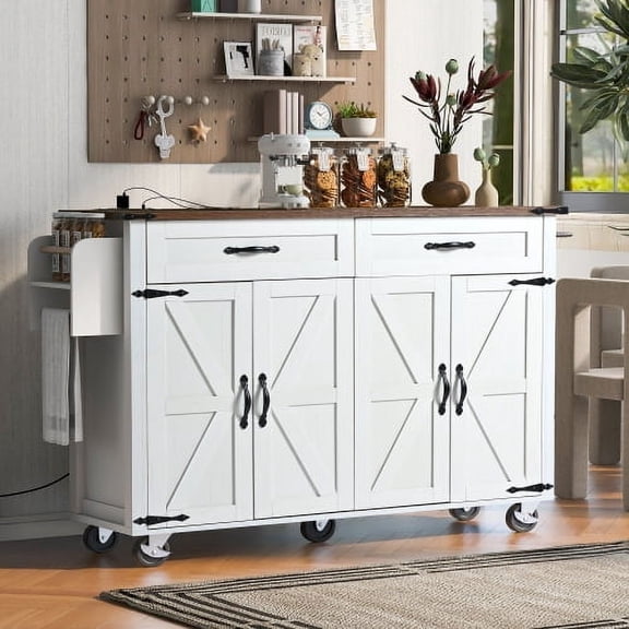 53.5" Farmhouse Kitchen Island with Power Outlet & Drop Leaf, Rolling Kitchen Cart with Spice Rack & Drawer, Storage Cabinet on Wheels for Kitchen, Dining Room, White