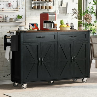 53.5'' Rolling Kitchen Island Cart with Power Outlet, Farmhouse Kitchen Storage Island with Drop Leaf, Spice Rack and Drawer for Home, Kitchen and Dining Room