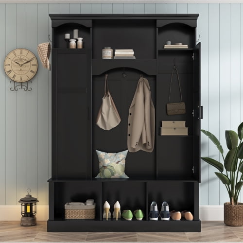 53.5 Inch All-in-One Hall Tree with Adjustable Shelves, Farmhouse Storage Bench with 7 Hooks and Dual Side Cabinets for Entryway, Mudroom, Hallway, Black