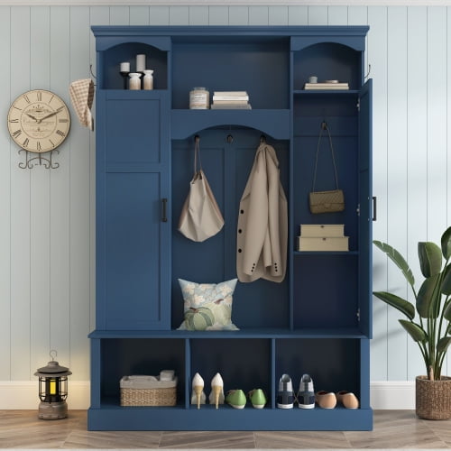 53.5 Inch All-in-One Hall Tree with Adjustable Shelves, Farmhouse Storage Bench with 7 Hooks and Dual Side Cabinets for Entryway, Mudroom, Hallway, Blue