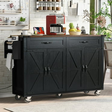 53.5'' Kitchen Island with Power Outlet, Kitchen Storage Island with Drop Leaf, Spice Rack and Drawer, Rolling Kitchen Cart on Wheels for Home, Kitchen and Dining Room, Black