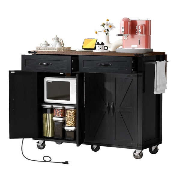 53.5'' Kitchen Island with Power Outlet, Rolling Kitchen Cart on Wheels, for Home, Kitchen and Dining Room
