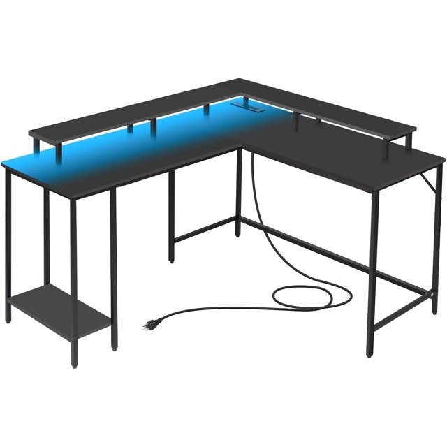 53.5" L Shaped Computer Desk Gaming Desk with LED Lights and Power