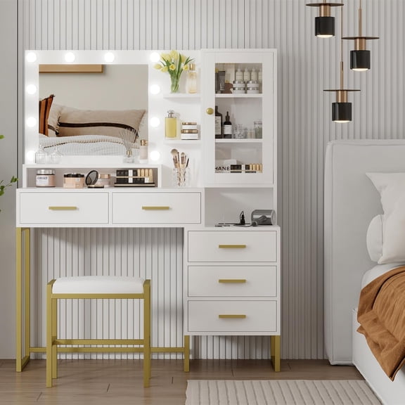 53.5" Large Makeup Vanity Set with Bench, White Vanity Desk Featuring Mirror, LED Lights, 5 Drawers, and Built-In Charging Station