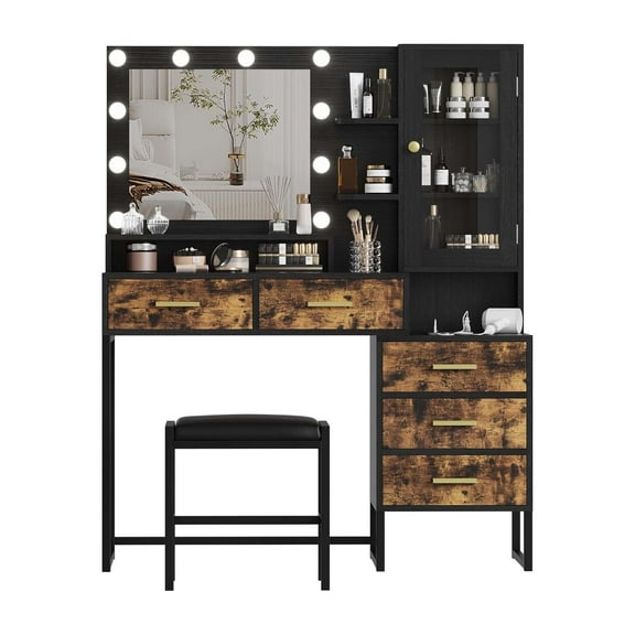 53.5" Large Vanity Desk,Makeup Vanity with Mirror & Lights & Led Bulbs, Makeup Table with 5 Drawers,Vanity Table with Charging Station- Rustic Brown