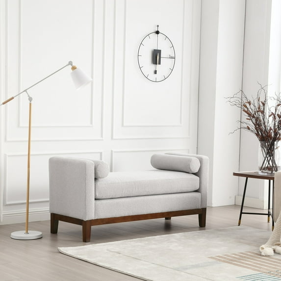 53.5"W Elegant Upholstered Bench,Ottoman with Wood Legs and Bolster Pillows,Ottoman Bench for End of Bed,Bedroom,Living Room,Entryway,Light Gray