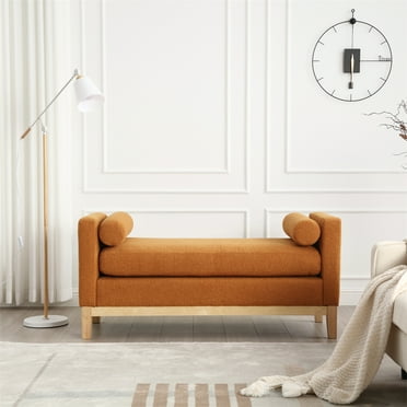 53.5"W Elegant Upholstered Storage Bench with Wood Legs & Round Pillows,Comfy Boucle Fabric Footrest with Arms, Entryway Bench for End of Bed, Bedroom and Living Room, Caramel