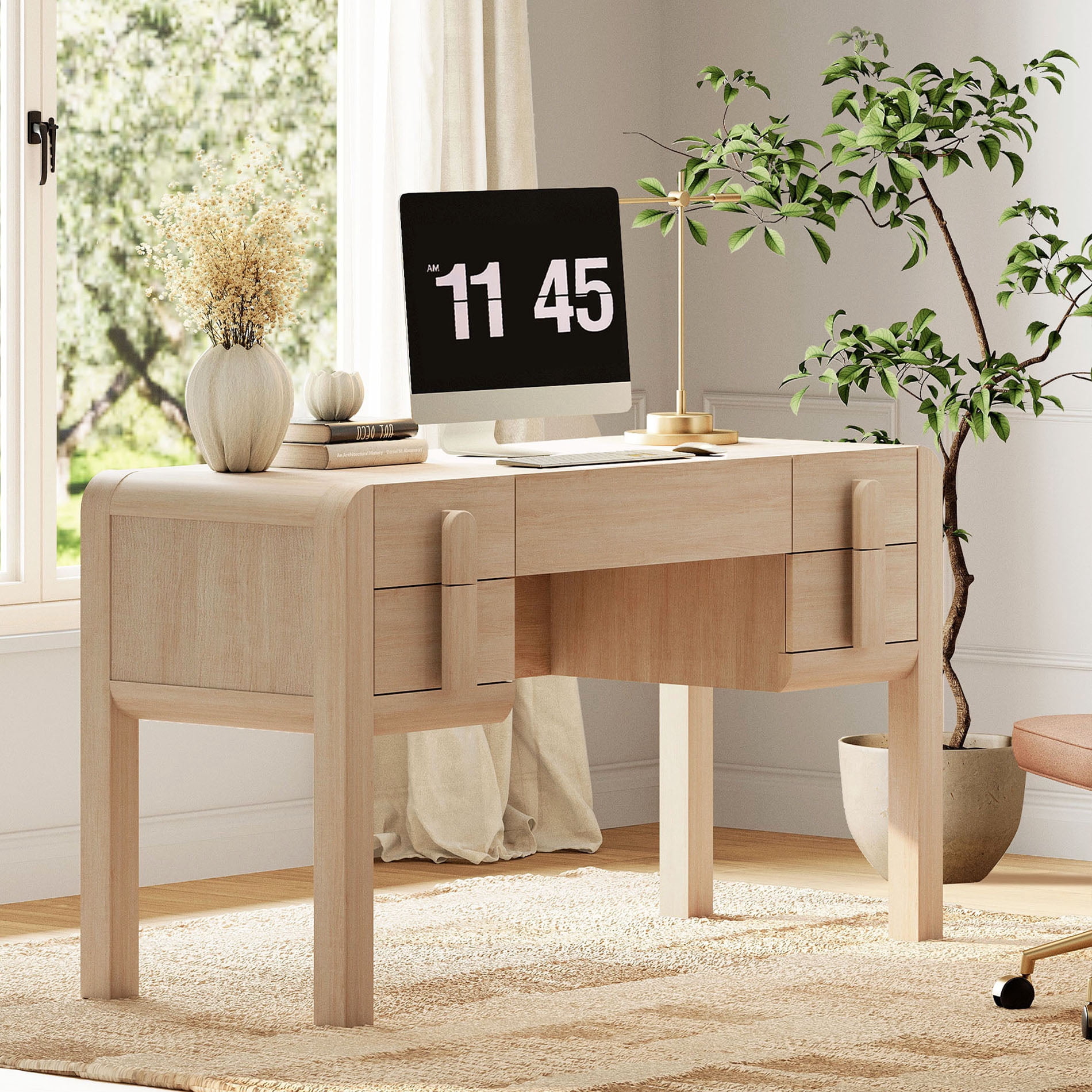 53.5"W Mid-century Modern Executive Desk with 5 Drawers , Home Office Desk With Charging Station，Wood Computer Desk With Curved Profile Design，Standing Desk For Business Furniture Set Workstation