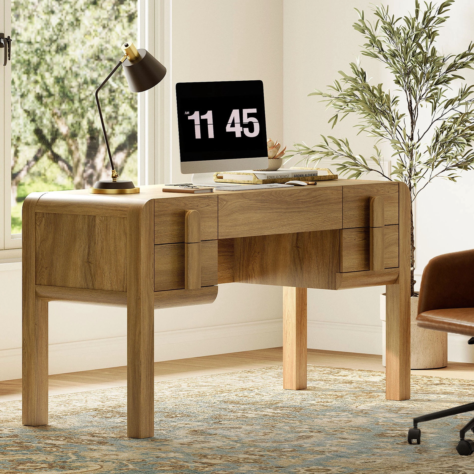 53.5"W Mid-century Modern Executive Desk with 5 Drawers , Home Office Desk With Charging Station，Wood Computer Desk With Curved Profile Design，Standing Desk For Business Furniture Set Workstation