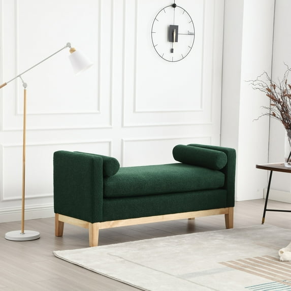 53.5" Wide Vintage Bench with Wood Legs & Velvet Upholstered Seat, Bolster Pillows Ottoman for Bedroom, Living Room & Entryway, Green