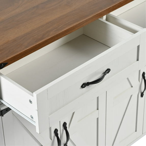53.5"x28"x36.5" Kitchen Island With Rolling Wheels And Power Socket, White Cabinet Brown Wood Grain Countertop For Dining Area Cart 4 Doors 2 Drawers, 53.5'' X 28'' 36.5'',