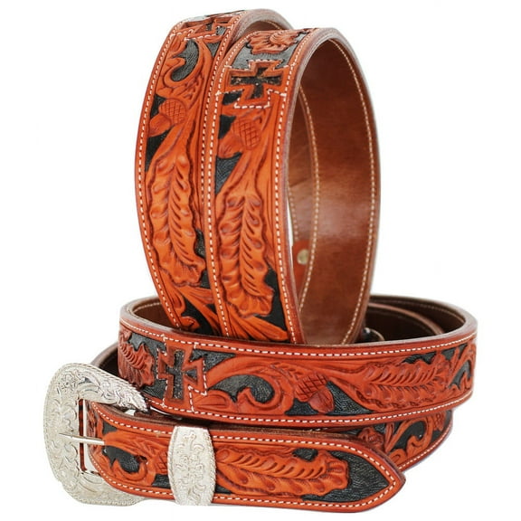 53-54  Men's Women Genuine Hand Tooled Floral Cross Heavy Duty Leather Belt 26RT03
