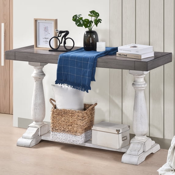 53.6-Inch Side Table, Farmhouse Console Table, Spacious Tabletop & Sturdy Pedestal Legs, Entryway Table Sofa Table for Living Room Hall Dining Room (Antique Gray+White)