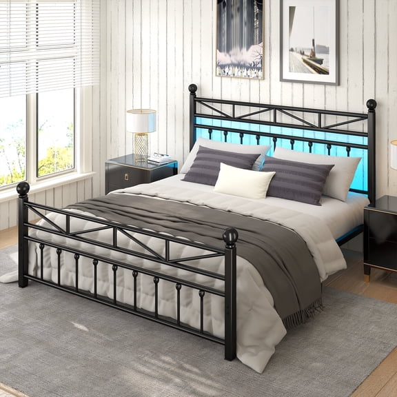 53.6" Queen Metal Bed Frame with Tall Headboard & Footboard,LED Lighting,Noise-Free Design & Under-Bed Storage,No Box Spring Required,Black