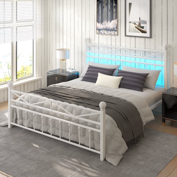 53.6" Queen Metal Bed Frame with Tall Headboard & Footboard,LED Lighting,Noise-Free Design & Under-Bed Storage,No Box Spring Required,White