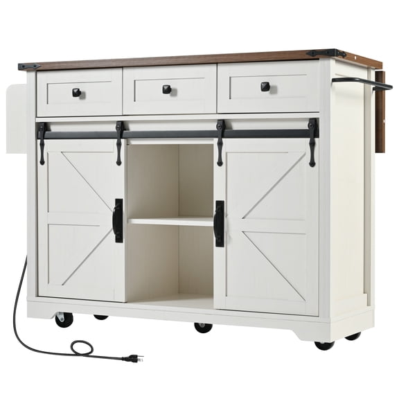 53.7" Farmhouse Kitchen Island with Power Outlet, 2 Sliding Barn Door Kitchen Storage Island with Drop Leaf, Spice Rack Rolling Kitchen Cart on Wheels, for Home, Kitchen and Dining Room, White