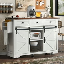 53.7" Farmhouse Kitchen Island, 2 Sliding Barn Door Kitchen Storage Island with Power Outlet&Drop Leaf, Spice Rack Rolling Kitchen Cart on Wheels, for Home, Kitchen and Dining Room, White
