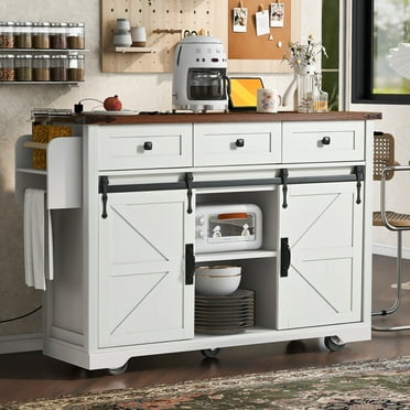 53.7" Farmhouse Kitchen Island, 2 Sliding Barn Door Kitchen Storage Island with Power Outlet&Drop Leaf, Spice Rack Rolling Kitchen Cart on Wheels, for Home, Kitchen and Dining Room, White