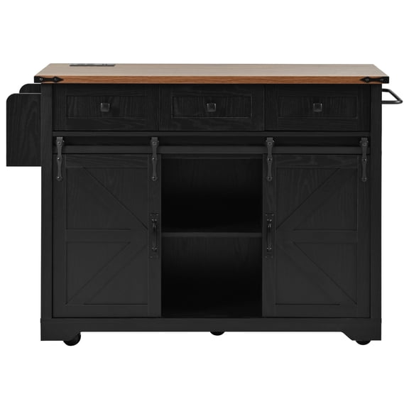 53.7" Farmhouse Kitchen Island with Power Outlet - Black, 2 Sliding Barn Doors, Drop Leaf & Rolling Wheels for Kitchen, Dining Room