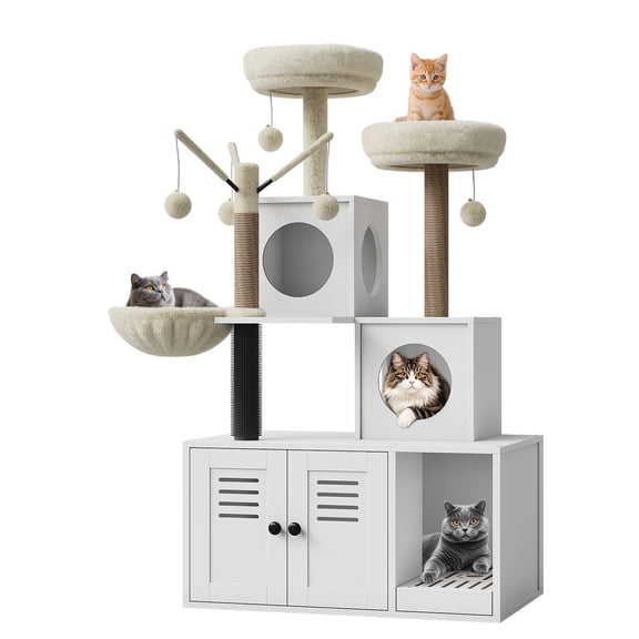 53.7-Inch Cat Tree, Wooden Hidden Litter Box Furniture with Cat Condo/Hammock/Scratching Post, 2-in-1 Modern Cat Tower with Plush Perch/Removable Pompom Sticks/Caves, Suitable for Types of Cats