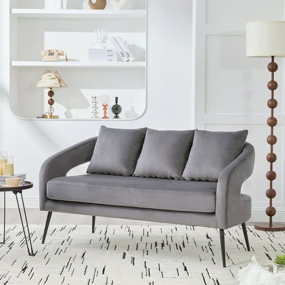 53.7"Modern Upholstered Velvet Open Back Loveseat Settee with 3 Pillows, Small Comfy Sofa 2-Seater Mini Sofa for Small Space with Metal Legs, Living Room Bedroom Office Dorm Studio Apartment Charcoal