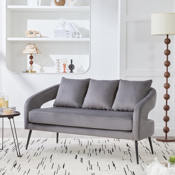 53.7"Modern Upholstered Velvet Open Back Loveseat Settee with 3 Pillows, Small Comfy Sofa 2-Seater Mini Sofa for Small Space with Metal Legs, Living Room Bedroom Office Dorm Studio Apartment Charcoal