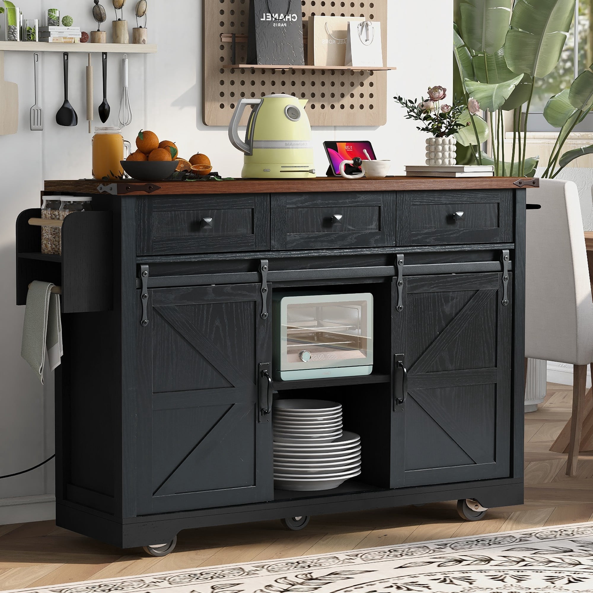 Chords Attic 53.7"W Farmhouse Rolling Kitchen Island with Sliding Barn Doors, Mobile Kitchen Islands with Drop Leaf and Power Outlet, Rustic Kitchen Storage Cart with Spice Rack for Dining Room