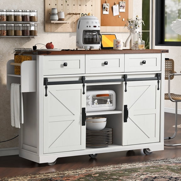 Chords Attic 53.7"W Farmhouse Rolling Kitchen Island with Sliding Barn Doors, Mobile Kitchen Islands with Drop Leaf and Power Outlet, Rustic Kitchen Storage Cart with Spice Rack for Dining Room