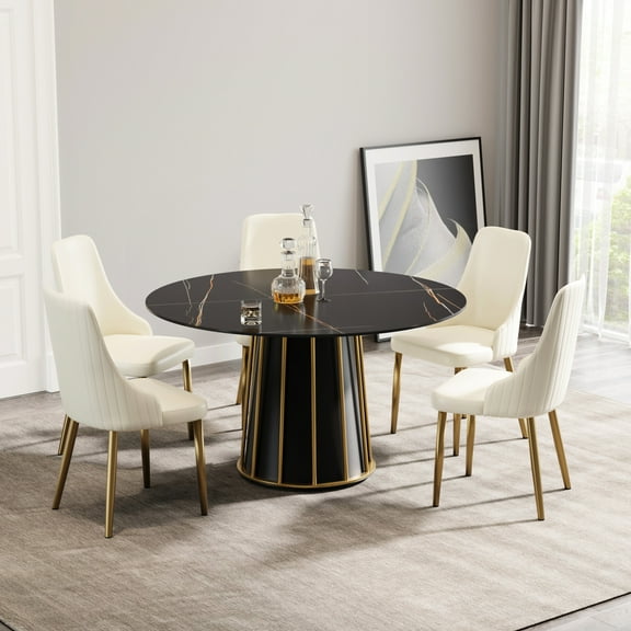 53.76" Black Metal Iron Base Dining Table With Sintered Stone Round Top - Accommodates 6, , Heat , Easy Maintenance Modern Top, Base, 6 Seater, To Sound Absorption, Cleanable