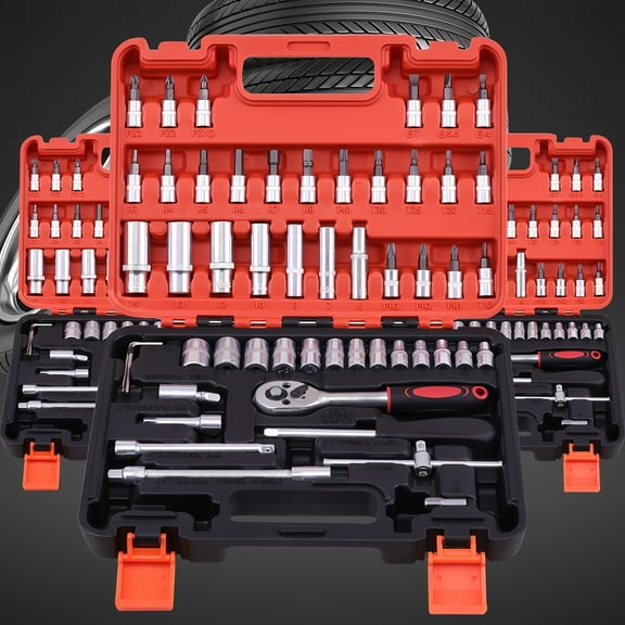 53/82/121/151PCS Heavy Duty Socket Set - SAE/Metric 6-Point 1/4"1/2" Drive Auto Repair Tool Kit