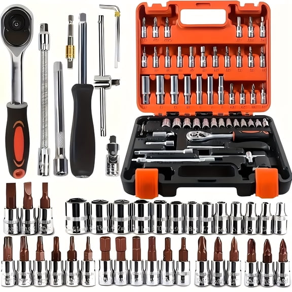 53/82/121/151PCS Heavy Duty Stainless Steel Tool Set - 5/16"-3/4" SAE & 8-22mm Metric, 6-Point Design | Ratchet Handles, Extension Rods & Joints | For Automotive, Marine & Motorcycle Maintenance