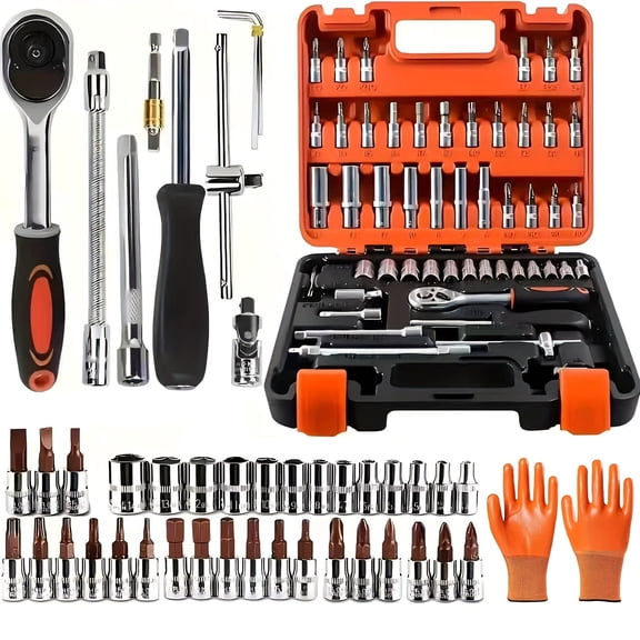 53/82/121/151Pcs Heavy Duty Socket Set, 1/4" & 1/2" Drive, SAE 5/16"-3/4" & Metric 8-22mm, 6-Point, with Ratchet Handles, Extension Bars & Joints, for Auto, Motorcycle, Marine Repair