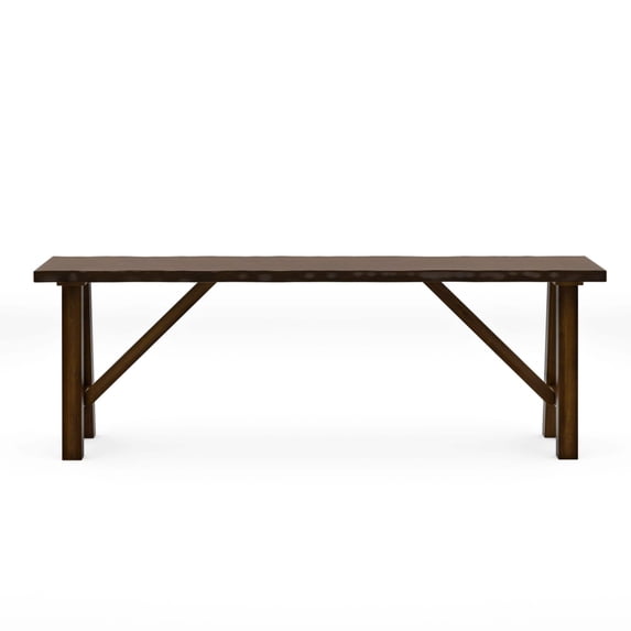 53.875 Inch Rustic Walnut Finish Live Edge Solid Wood Dining Bench, Distressed Rubberwood Bench with Angled A-Frame Legs for Farmhouse Dining Room Entryway