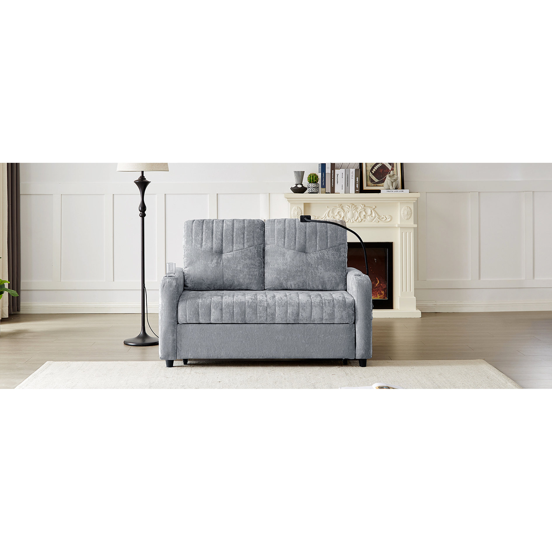 53.9" Chenille Fabric Loveseat Sofa Bed with Pull-out Function, Adjustable Backrest and Storage Pockets - Great for Lounging in the Living Room