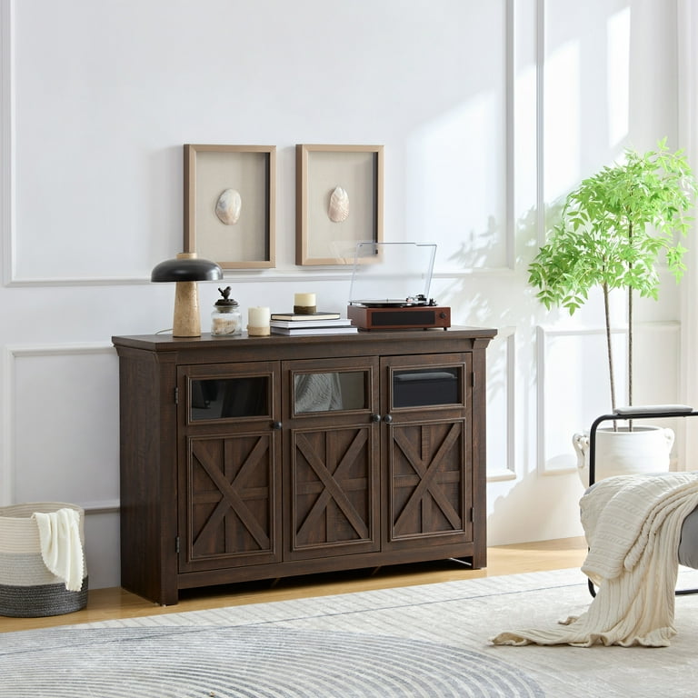 53 Accent Storage Cabinet Modern Wood Large Sideboard Cabinet with 3 Doors Wine Cabinet for Dining Room Living Room Bedroom Entryway Bar