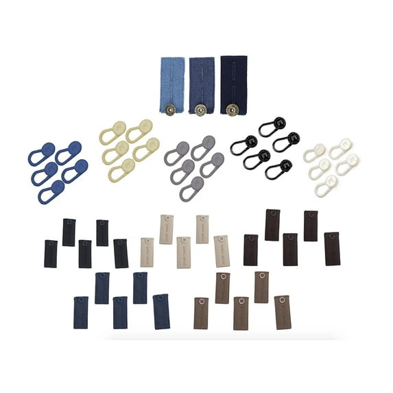 53 Adjustable Waistband Extenders: 25 Multicolor Button Extenders & 3 Jeans Fabric Button Extenders (3 Washes) & 25 Multicolor Silicone Elastic Button Extenders - Increases Pants Waistbands