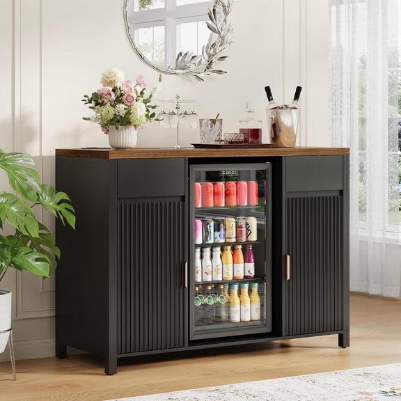 53" Black and Brown Coffee Bar Cabinet with Fridge Space, Charging Station, Glass Rack, Fluted Doors & Storage Drawers – Sideboard for Kitchen, Dining Room