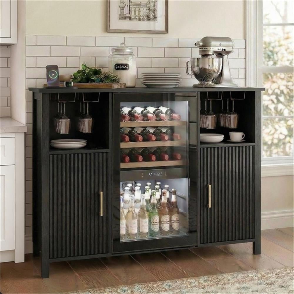 53" Black Engineered Wood Wine Bar Cabinet with Mini Fridge Space & Power Outlets