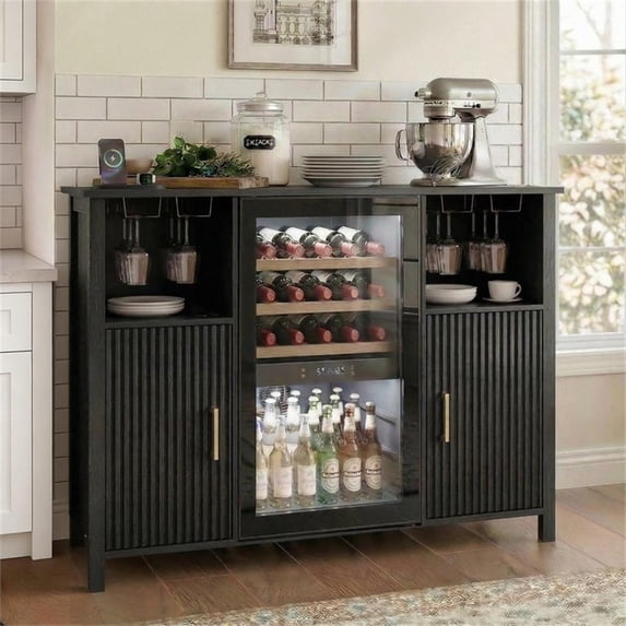 53" Black Engineered Wood Wine Bar Cabinet with Mini Fridge Space & Power Outlets