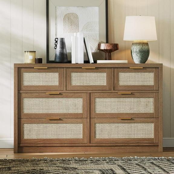 53" Boho Rattan Dresser - 7-Drawer Wooden Chest with Gold Handles - Storage Organizer, Farmhouse TV Stand for Bedroom, Living Room & Entryway - Dark Wood