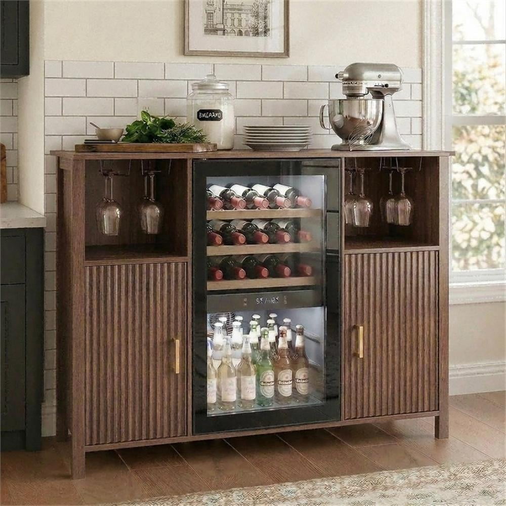 53" Brown Engineered Wood Coffee Bar Cabinet with Mini Fridge Space & Power