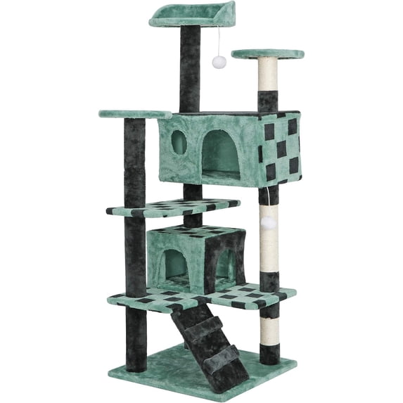 53‘‘ Cat Tree with Sisal-Covered Scratching Posts and 2 Plush Rooms Cat Furniture for Kittens (Green + Black)