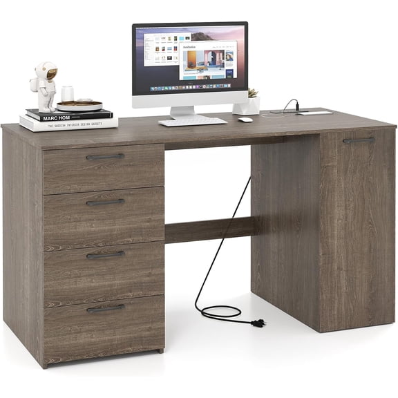 53" Computer Desk with 4 Storage Drawers & Cabinet, Home Office Desk with Charging Station, 5-Level Adjustable Shelf & Cable Management Hole, Writing Study Desk, Modern Executive Desk (Grey)